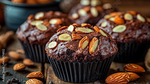 Obraz na płótnie Chocolate brownies with fudgy filling and almond topping, perfect for sharing w salonie