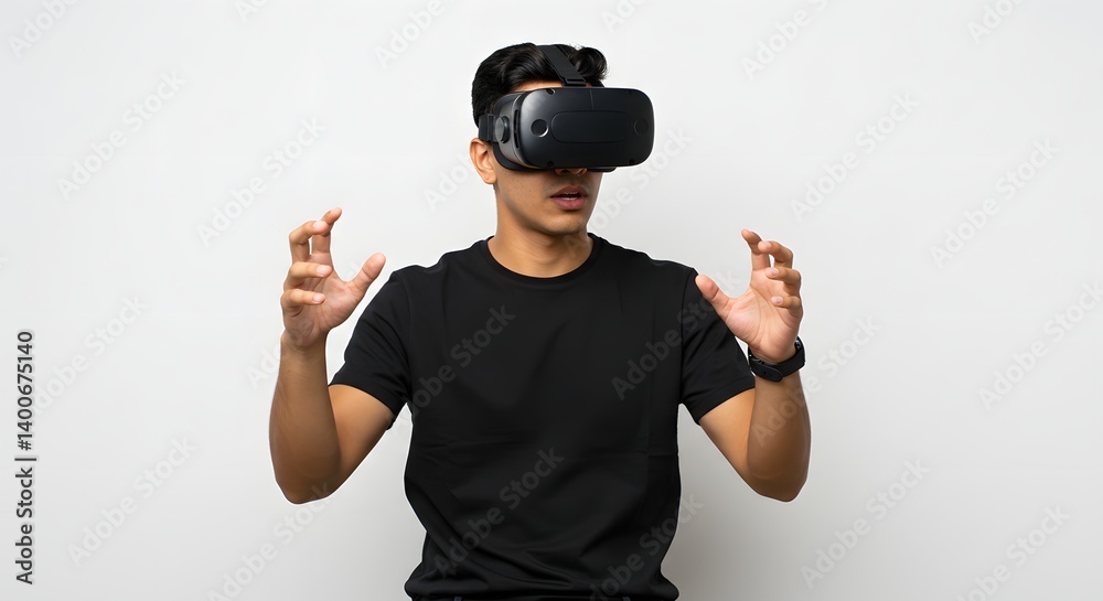 Man wearing vr headset with hands raised in a white background looking surprised or scared reaction Man wearing vr headset with hands raised in a white background looking surprised or scared reaction