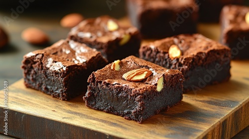 Obraz na płótnie Chocolate brownies with fudgy filling and almond topping, perfect for sharing w salonie