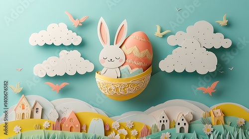 Whimsical Easter paper-cut design of a smiling bunny in an ornate egg balloon basket, drifting through the sky filled with layered clouds, birds, and sunlight,