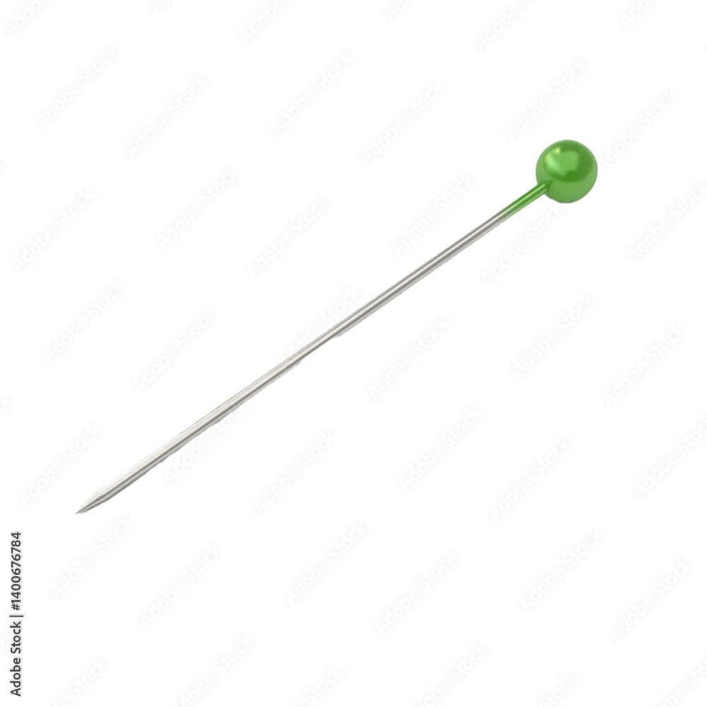 A green-headed pin resting on a white background, used for sewing or crafting purposes. A green-headed pin resting on a white background, used for sewing or crafting purposes.