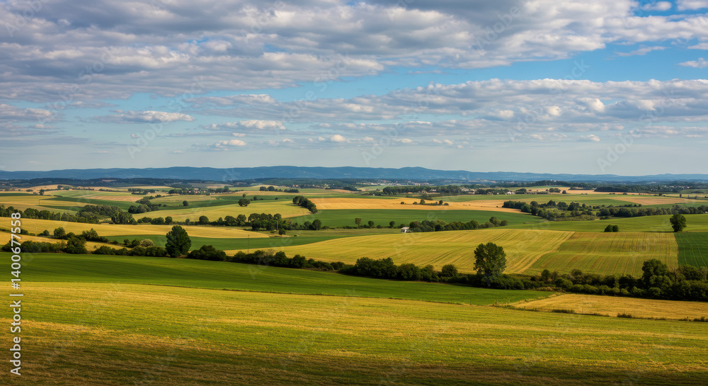 Serene Countryside: Rolling Hills, Fields, & Sky - A Scenic Landscape View Serene Countryside: Rolling Hills, Fields, & Sky - A Scenic Landscape View