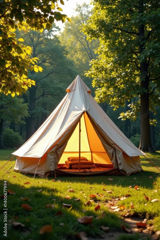 Canvas bell tent basking in warm sunlight, shadows dappled on the ground , texture, bell tent Canvas bell tent basking in warm sunlight, shadows dappled on the ground , texture, bell tent