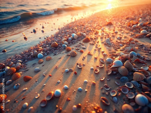 Aerial Drone Shot of Seashells Scattered on Sandy Beach at Sunset