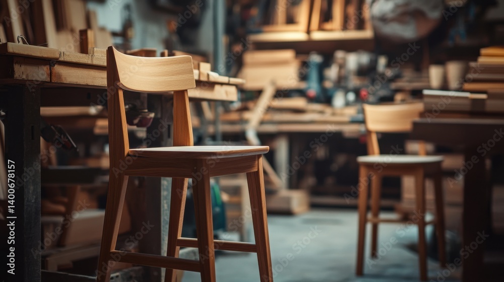 Carpenter assembling custom wooden chairs in a workshop. Featuring craftsmanship and attention to detail Carpenter assembling custom wooden chairs in a workshop. Featuring craftsmanship and attention to detail