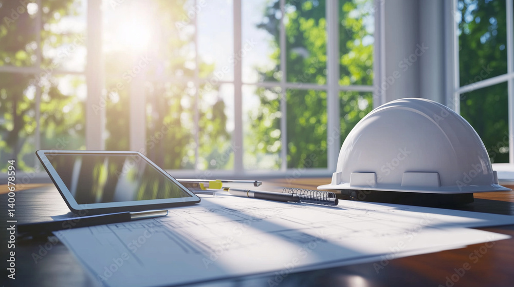 Estimatorâs workspace with high-resolution architectural drawings, a digital tablet, and hard hat near a sunlit window. A modern fusion of technology and construction tradition.