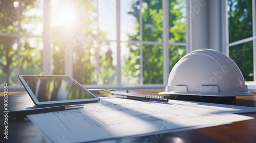 Obraz na płótnie Estimatorâs workspace with high-resolution architectural drawings, a digital tablet, and hard hat near a sunlit window. A modern fusion of technology and construction tradition. w salonie
