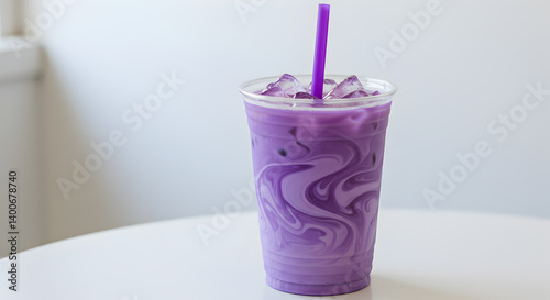 Refreshing Iced Ube Latte with Ombr? Swirl in Clear Cup Stock Photo