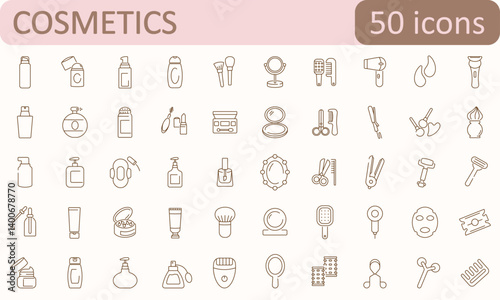 Vector set of skincare products and beauty devices for face and body care. Includes creams, serums, masks, rollers, and tools. Perfect for spa, wellness, and cosmetic-themed projects.