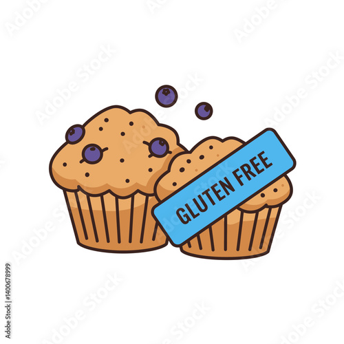Gluten-Free Blueberry Muffins: Two delicious gluten-free blueberry muffins, freshly baked and topped with juicy blueberries. A blue "Gluten-Free" label adds to the image's appeal.