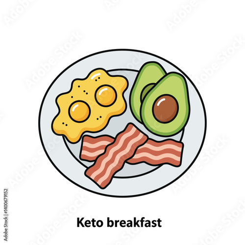 Ketogenic Breakfast Illustration: A vibrant illustration showcasing a keto-friendly breakfast, featuring crispy bacon, sunny-side-up eggs, and halved avocado.