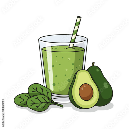Refreshing Avocado Smoothie: A vibrant illustration of a delicious green smoothie made with avocado and spinach, garnished with a striped straw in a clear glass.