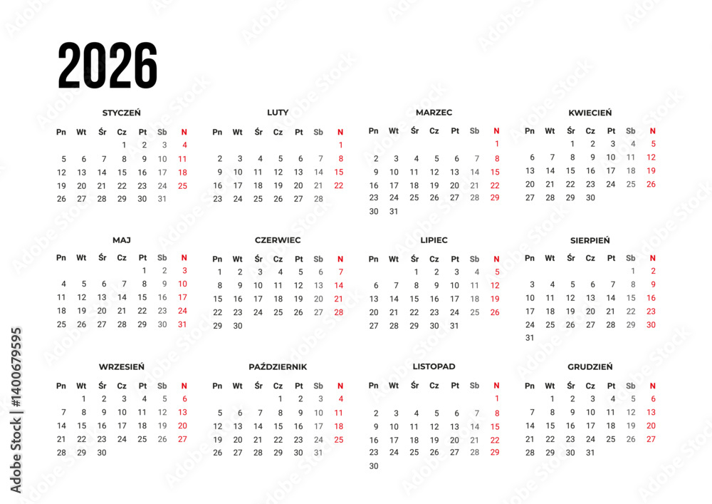Calendar 2026 in Polish language. Vector template Calendar 2026 in Polish language. Vector template