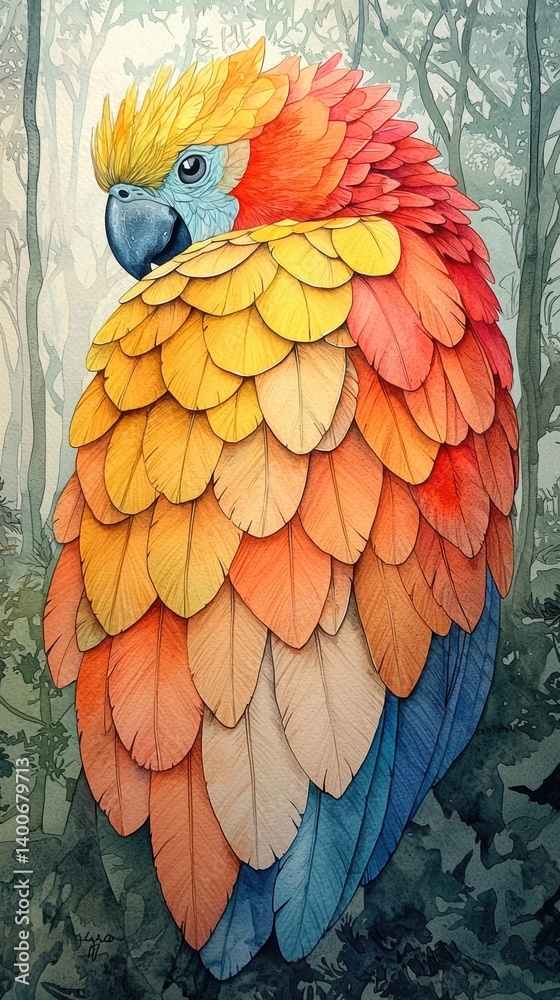 Obraz premium A vibrant watercolor painting depicts a majestic parrot with richly detailed feathers in a misty forest setting.