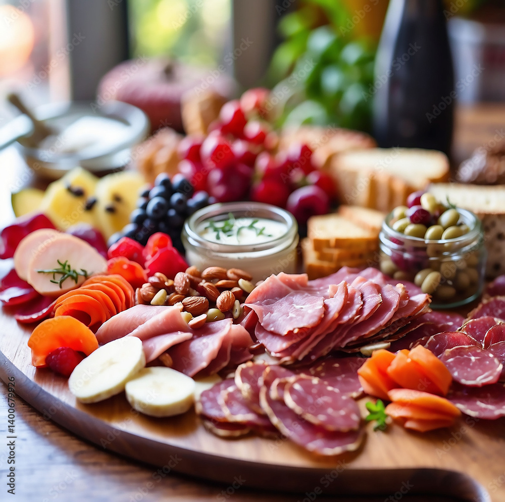A delicious and colorful charcuterie board with fresh fruit, chocolate, and sweets