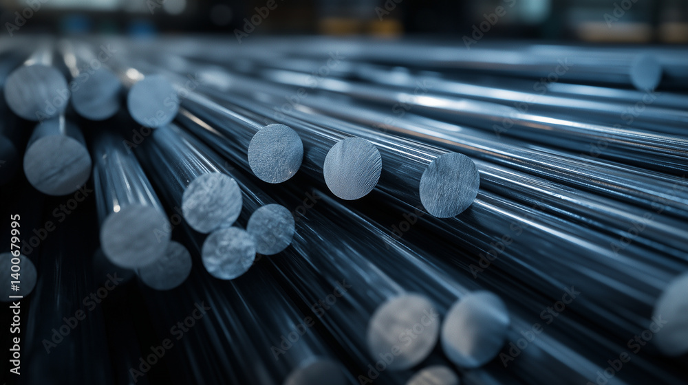 Rows of ferric raw aluminum rods await processing, stacked near massive metal smelting machines. The factoryâs clean, structured layout emphasizes production efficiency.