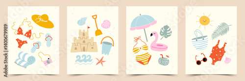 Concept of Summer and beach poster, cover, card set with trendy hand-drawn abstract prints. Summer weekends and holidays, vacation, travel illustrations.