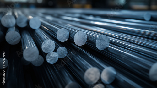 Obraz na płótnie Rows of ferric raw aluminum rods await processing, stacked near massive metal smelting machines. The factoryâs clean, structured layout emphasizes production efficiency. w salonie