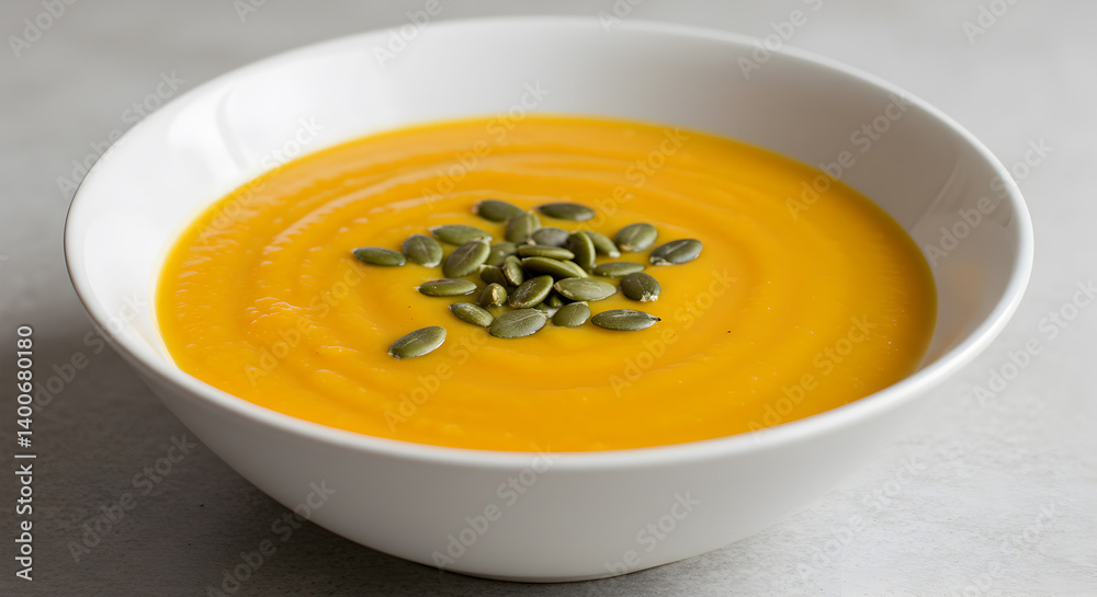 Delicious Creamy Pumpkin Soup Garnished With Roasted Pepitas Close Up
