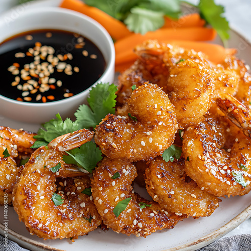 Golden Crispy Fried Shrimp with Soy Sauce and Fresh Garnish,crispy Fried Shrimp with Soy Sauce and Fresh Garnish,crispy shrimp tempura with light dipping sauce,illustrating a restaurant,Delicious,Ai
