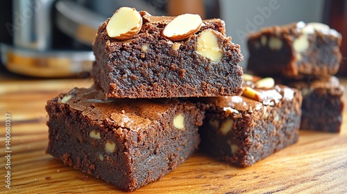 Obraz na płótnie Chocolate brownies with fudgy filling and almond topping, perfect for sharing w salonie