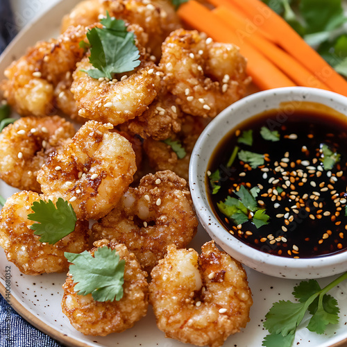 Golden Crispy Fried Shrimp with Soy Sauce and Fresh Garnish,crispy Fried Shrimp with Soy Sauce and Fresh Garnish,crispy shrimp tempura with light dipping sauce,illustrating a restaurant,Delicious,Ai