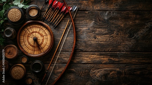 Archery Equipment on Rustic Wooden Table