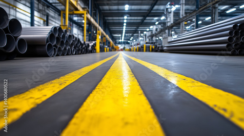 Aluminum rod inventory sits organized in designated zones, separated by yellow caution lines. The composition showcases order, readiness, and the potential of transformation.