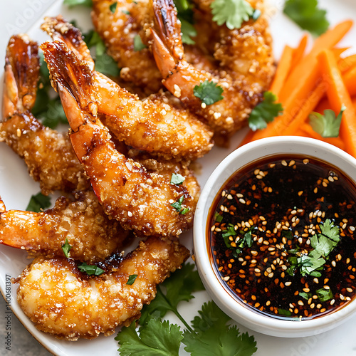 Golden Crispy Fried Shrimp with Soy Sauce and Fresh Garnish,crispy Fried Shrimp with Soy Sauce and Fresh Garnish,crispy shrimp tempura with light dipping sauce,illustrating a restaurant,Delicious,Ai