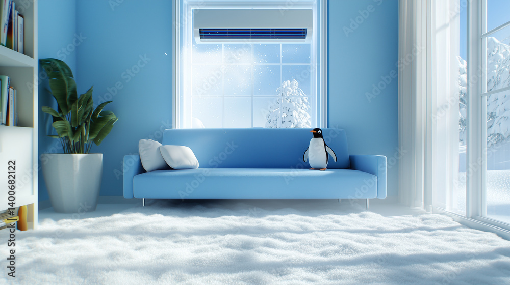 Well-lit modern living room with snow covering the floor, penguins front and center beneath a cool blue air conditioner breeze. The blue couch adds warmth in a chilly space.