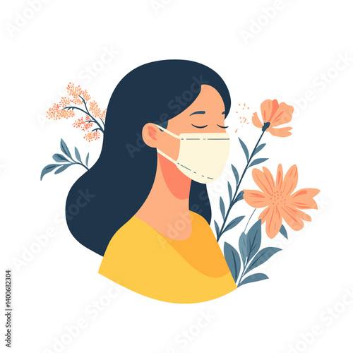 Woman wearing protective mask among blooming flowers