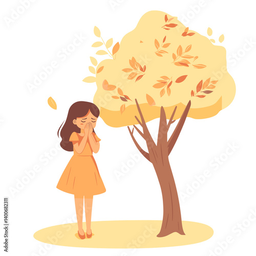 Girl sneezing near blooming tree in spring
