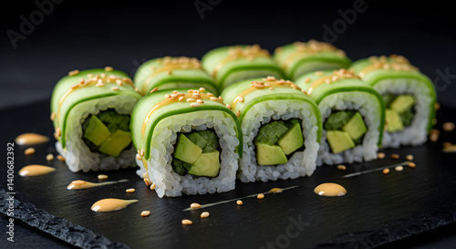 Delicious Keto Friendly Cucumber Avocado Sushi Rolls Garnished with Sesame Seeds