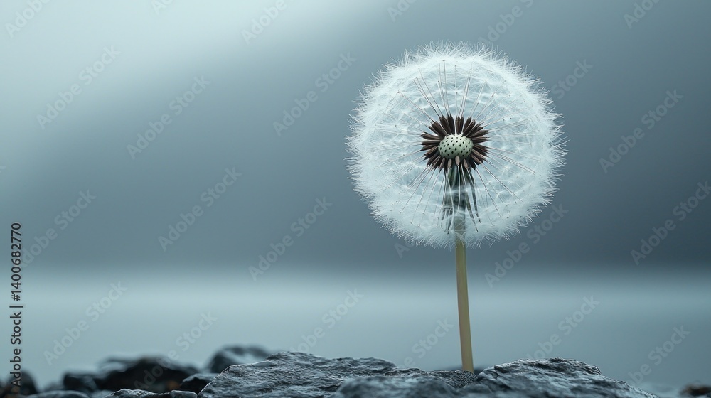 Obraz premium Fluffy dandelion on rocks, soft light