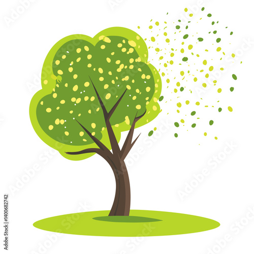 Blooming tree spreading pollen on green field background
