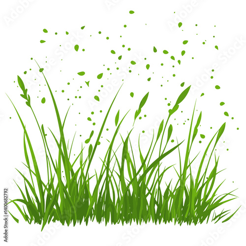 Blades of grass with pollen particles on white background
