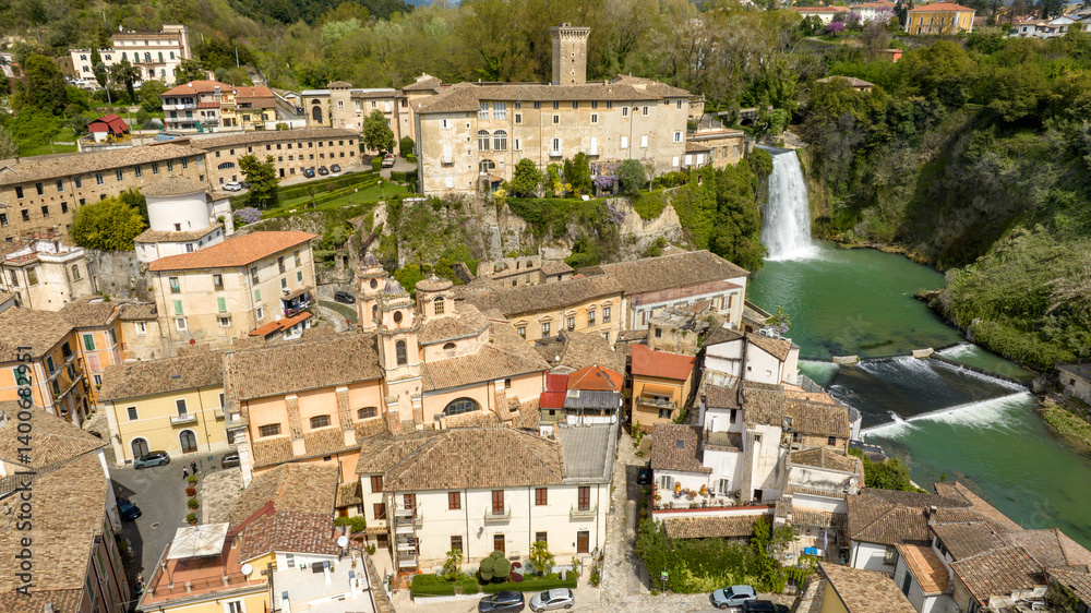 Aerial view of Isola del Liri, simply known as Isola Liri. It is an Italian city of Lazio, Italy, in the province of Frosinone. The town is famous for the waterfall in the historic center.
