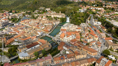 Obraz na płótnie Aerial view of Isola del Liri, simply known as Isola Liri. It is an Italian city of Lazio, Italy, in the province of Frosinone. The town is famous for the waterfall in the historic center. w salonie