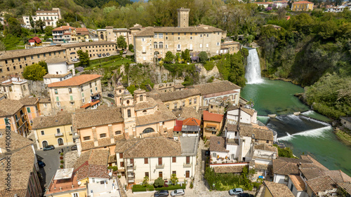 Obraz na płótnie Aerial view of Isola del Liri, simply known as Isola Liri. It is an Italian city of Lazio, Italy, in the province of Frosinone. The town is famous for the waterfall in the historic center. w salonie
