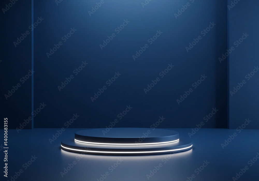 Dark Blue Minimalist Product Display Platform with Neon Lights Dark Blue Minimalist Product Display Platform with Neon Lights