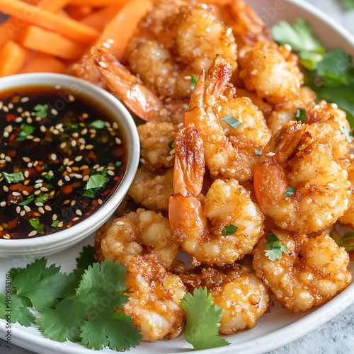 Golden Crispy Fried Shrimp with Soy Sauce and Fresh Garnish,crispy Fried Shrimp with Soy Sauce and Fresh Garnish,crispy shrimp tempura with light dipping sauce,illustrating a restaurant,Delicious,Ai