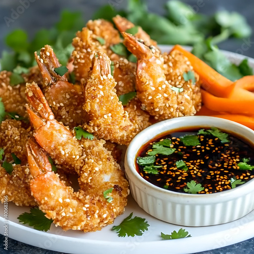 Golden Crispy Fried Shrimp with Soy Sauce and Fresh Garnish,crispy Fried Shrimp with Soy Sauce and Fresh Garnish,crispy shrimp tempura with light dipping sauce,illustrating a restaurant,Delicious,Ai