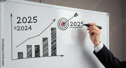 Achieving 2025 Goals: Business Growth & Target Success Strategy on Whiteboard, Exceeding 2024. Focus on Growth & Achievement.