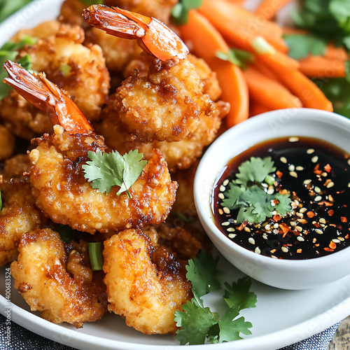 Golden Crispy Fried Shrimp with Soy Sauce and Fresh Garnish,crispy Fried Shrimp with Soy Sauce and Fresh Garnish,crispy shrimp tempura with light dipping sauce,illustrating a restaurant,Delicious,Ai