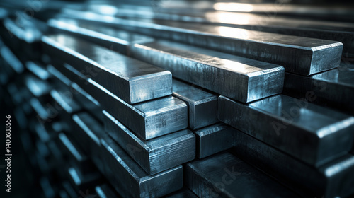 Close-up of precision-cast beryllium metal bars stacked tightly in rows, edges clean and uniform, set in a sterile laboratory warehouse.