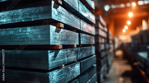 Heavy stacks of beryllium ingots resting on reinforced shelving in a metallurgical plant. Gleaming solid blocks used for aerospace and advanced electronics.