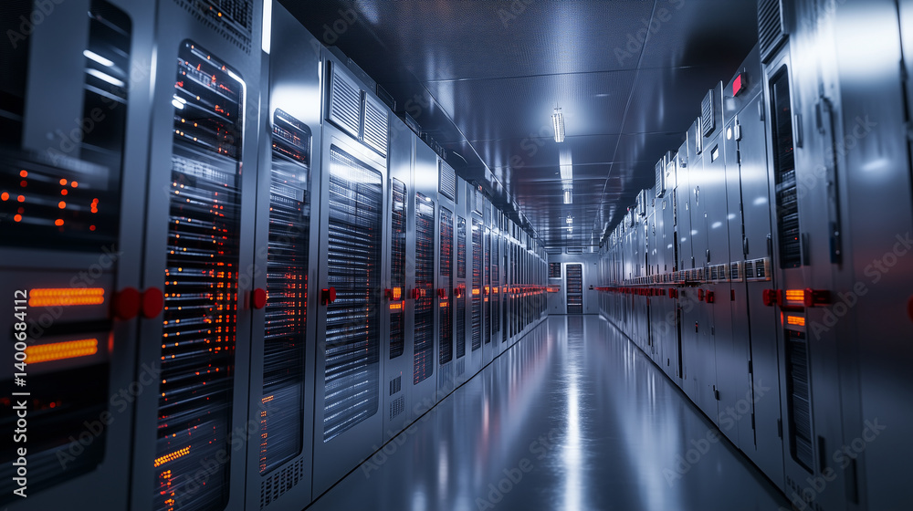 Fototapeta premium Heavy-duty storage of solid beryllium bars in a futuristic alloy research facility, walls lined with data displays and hazard signage.