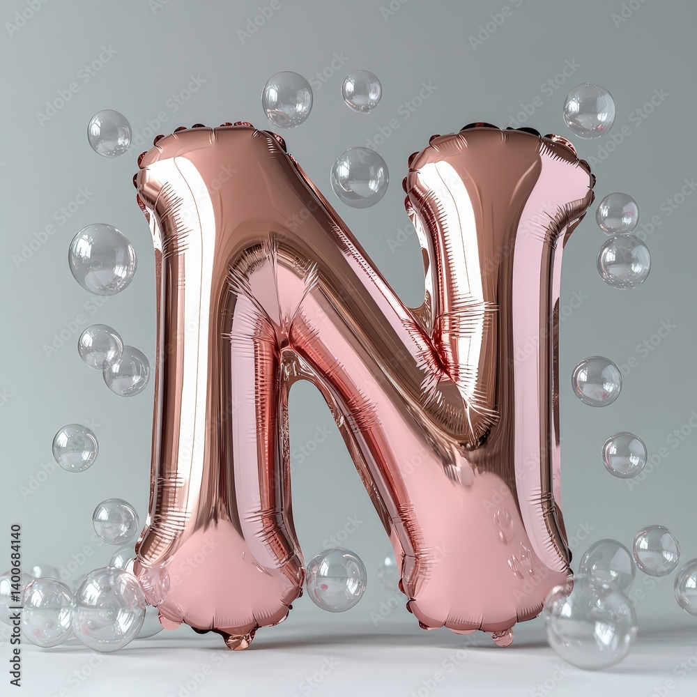 Obraz premium Shiny rose gold balloon letter N with floating bubbles in background