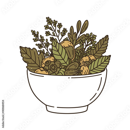 Bowl of Nuts and Herbs: A hand-drawn illustration of a rustic white bowl brimming with a variety of nuts and herbs. The image evokes a sense of natural abundance and wholesome goodness.
