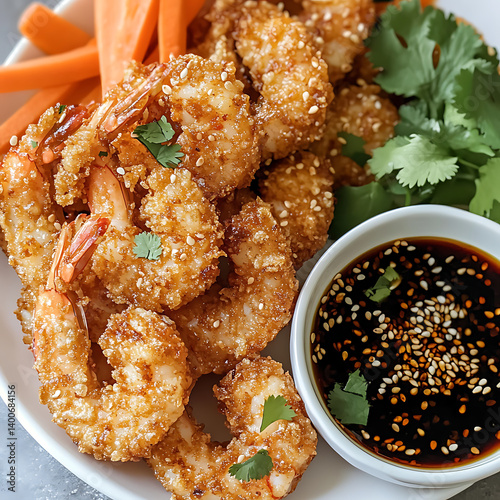 Golden Crispy Fried Shrimp with Soy Sauce and Fresh Garnish,crispy Fried Shrimp with Soy Sauce and Fresh Garnish,crispy shrimp tempura with light dipping sauce,illustrating a restaurant,Delicious,Ai